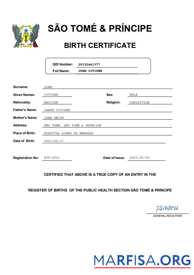 Realistic Sao Tome & Principe vital record birth certificate Word and PDF template